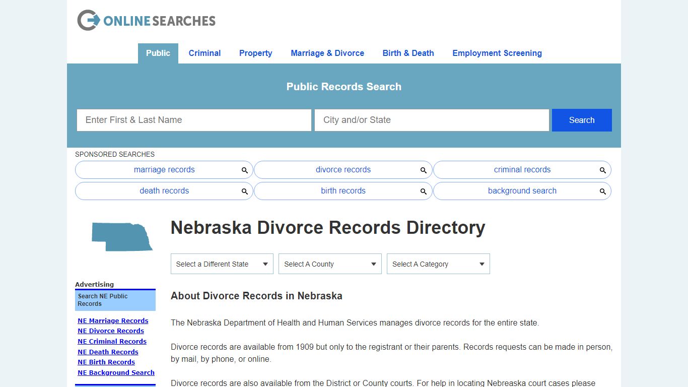 Nebraska Divorce Records Search Directory - OnlineSearches.com