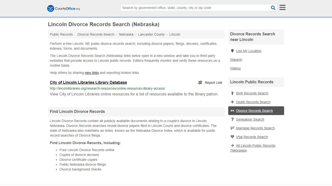 Lincoln Divorce Records Search (Nebraska) - County Office